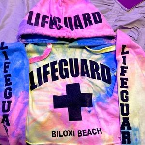 Rainbow tye dye, Medium, crop top lifeguard hoodie